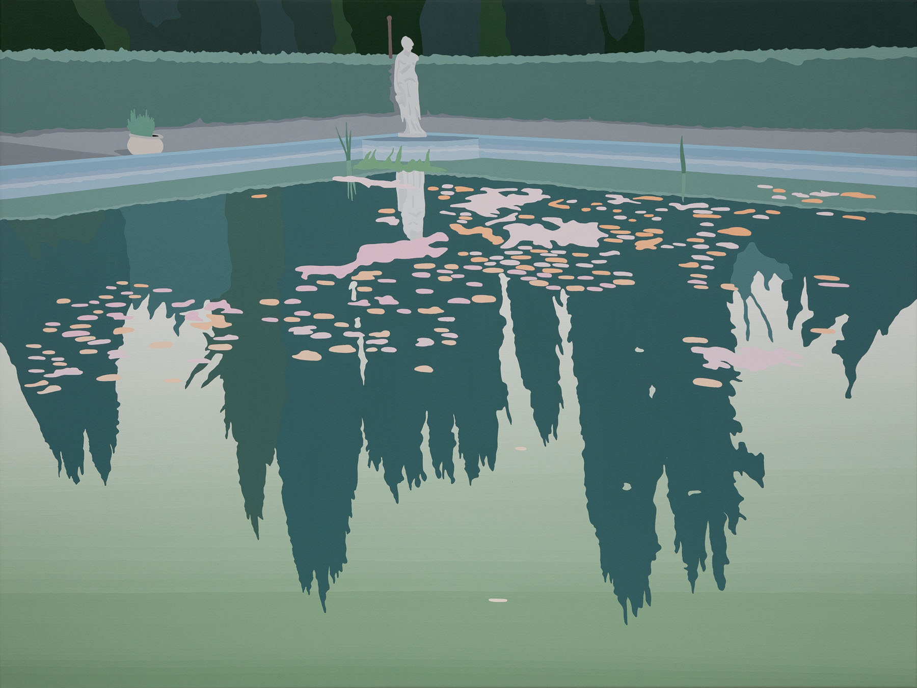 En vez de caer en el agua la atravesaba, y surgía de nuevo en el mismo paisaje. 112 x 148 cm. Acrílico sobre tela. 2022 WEB